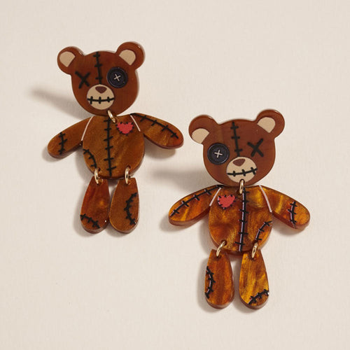 Halloween Stitched Teddy Bear Earrings - Brown