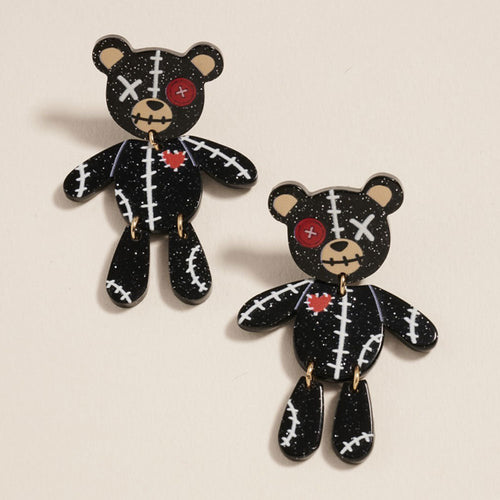Halloween Stitched Teddy Bear Earrings - Jet Black