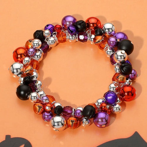 Halloween Themed Color Beaded Stretch Bracelet - Purple , Silver