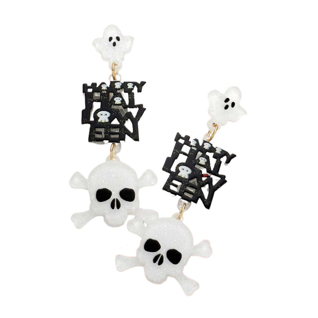 Happy Halloween Message Glittered Resin Ghost Skull Earrings - White - Earrings