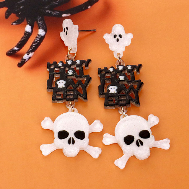 White Happy Halloween Message Glittered Resin Ghost Skull Link Dangle Earrings