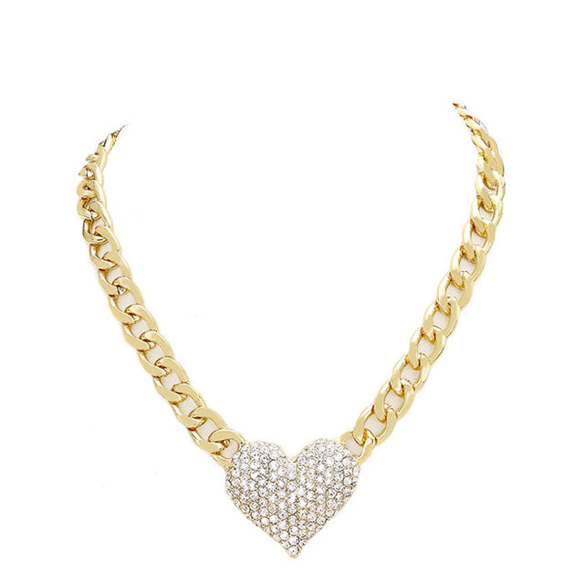 Gold Clear Heart Rhinestone Pave Chunky Metal Chain Necklace, Get ready with these Metal Chain  Necklace, put on a pop of color to complete your ensemble. Perfect for adding just the right amount of shimmer & shine and a touch of class to special events. Perfect Birthday Gift, Anniversary Gift, Mother's Day Gift, Graduation Gift.