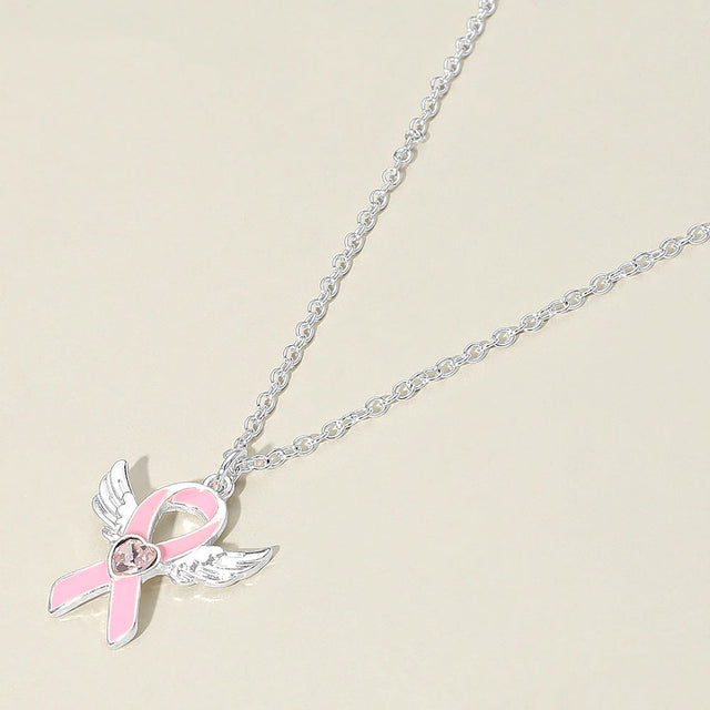 Pink, Silver Heart Stone Pointed Enamel Pink Ribbon Angel Wing Pendant Necklace