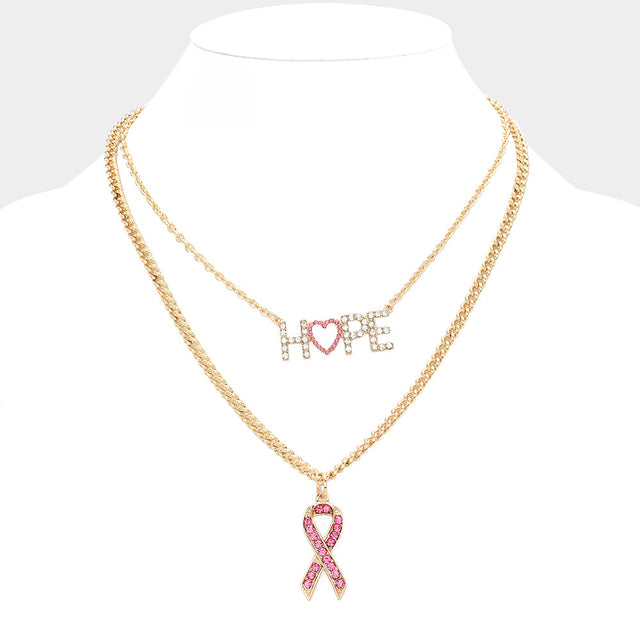 Gold, Pink Hope Message Pink Ribbon Pendant Double Layered Necklace