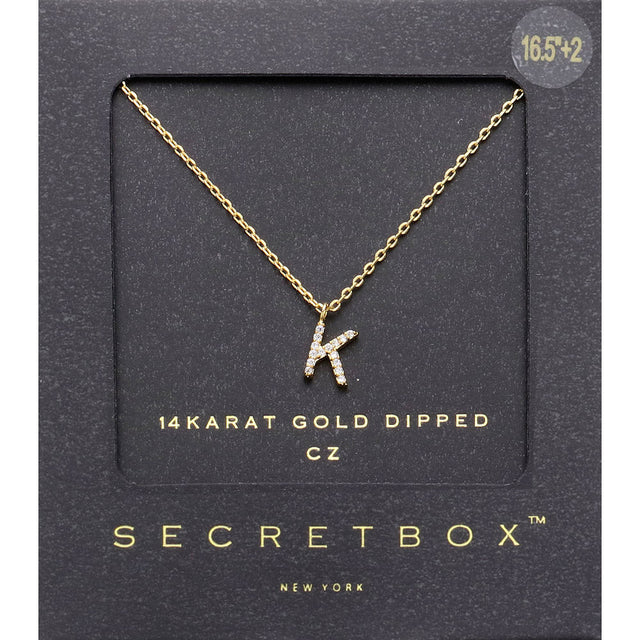 ~K~, Gold -K- Secret Box _ 14K Gold Dipped CZ Initial Monogram Pendant Necklace