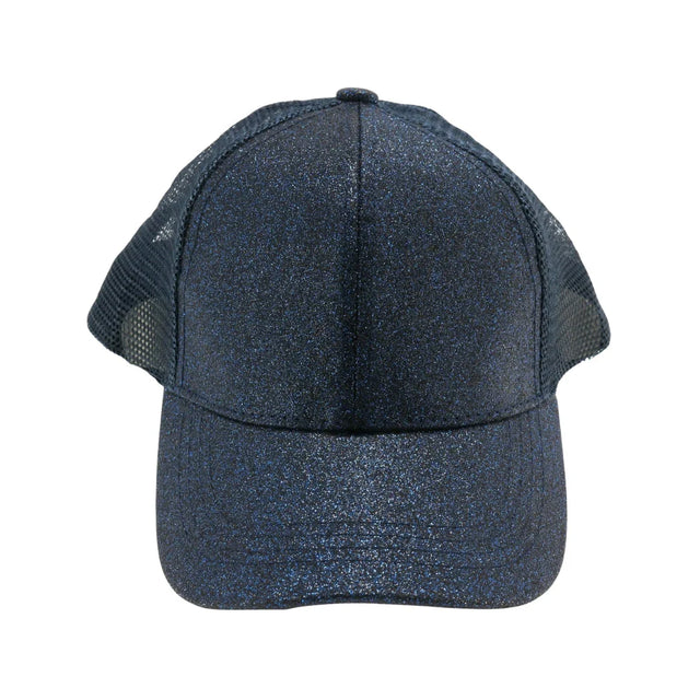 Navy Kids Glitter High Ponytail CC Ball Cap combines style and practicality, featuring a sparkling glitter finish that adds fun flair. Designed with a high ponytail opening, it comfortably accommodates various hair types and styles, making it ideal for active kids. The adjustable fit ensures secure wear during play, while the breathable fabric keeps little heads cool. Perfect for everyday use or special occasions, this cap offers both comfort and a trendy look for young fashion enthusiasts. 