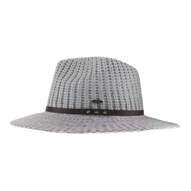 Light-Grey-The Knit C.C Fedora Hat with Leather Band offers a sophisticated blend of classic style and modern comfort. Crafted from soft knit material, it provides warmth and flexibility, while the genuine leather band adds a touch of elegance and durability. This expertly designed fedora is ideal for those who appreciate refined accessories that enhance both casual and formal outfits.