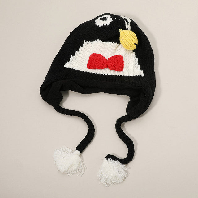 Black, Red, White, Yellow Knit Tassel Drop Penguin Trapper Hat