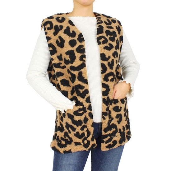 Taupe Leopard Pattern Animal Print Stylish Sherpa Pocket Vest Outwear Shawl; the perfect accessory, luxurious, trendy, super soft chic capelet, keeps you warm & toasty. You can throw it on over so many pieces elevating any casual outfit! Perfect Gift Birthday, Holiday, Christmas, Anniversary, Wife, Mom, Special Occasion