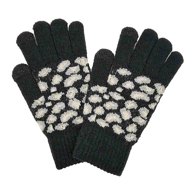 Black Leopard Patterned Knit Smart Gloves, cozy design gives a trendy, chic style to any stylish winter wardrobe. An eye-catching colorblock, tech-friendly, stretches for snug fit. Perfect Birthday Gift, Anniversary Gift, Regalo Navidad, Regalo Cumpleanos, Regalo Dia del Amor