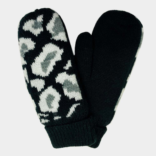 Black Leopard Patterned Mitten Fleece Lining Gloves