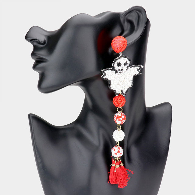 Red, White Long Dropped Ghost Seed Beaded Ball Tassel Link Dangle Earrings