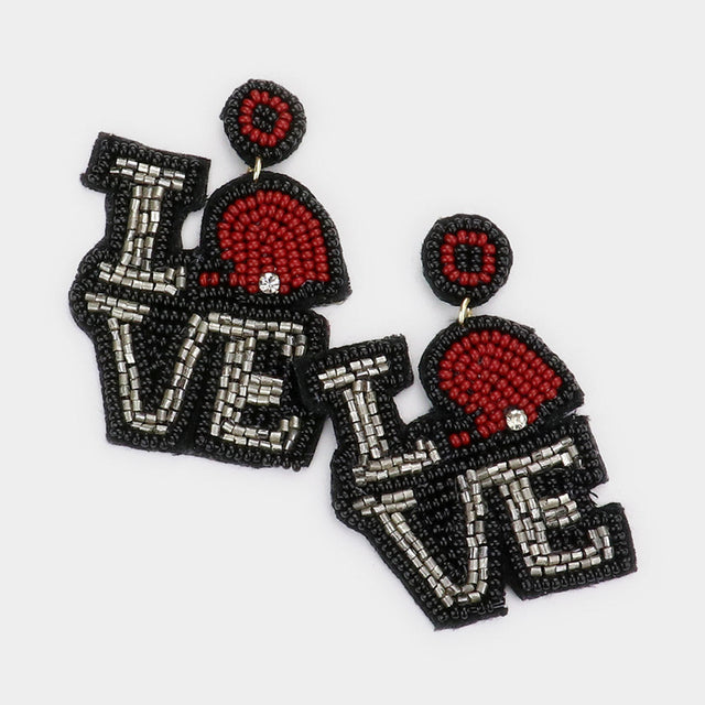 Black LOVE Felt Back Seed Beaded Football Helmet Pointed Message Dangle Earrings