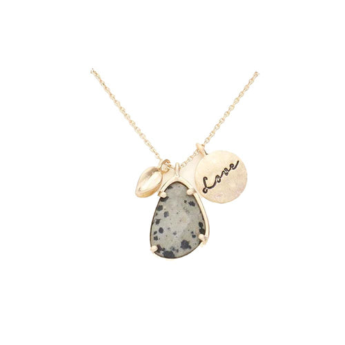 Collar con colgante semiprecioso de lágrima irregular con disco de metal Love - Negro neutro