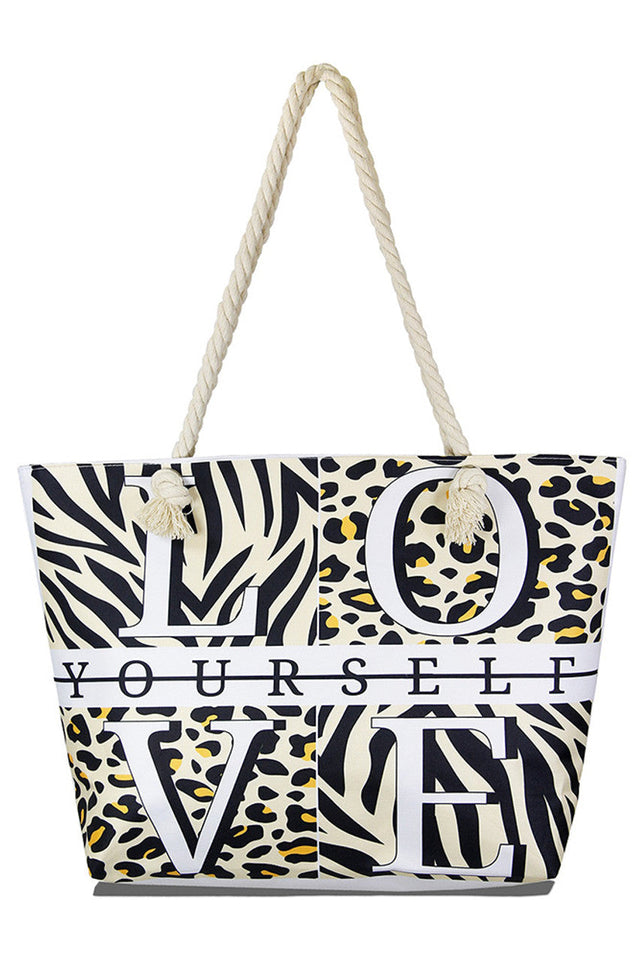 Love Yourself Animal Print Beach Bag combines stylish design with practical functionality. Crafted from durable materials, it offers ample space for all your beach essentials while its eye-catching animal print adds a fashionable touch. Lightweight and easy to carry, this bag is perfect for those who want to stay organized and make a statement by the shore.