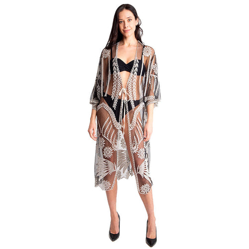 Poncho tipo kimono con cierre de nudo y encaje de lujo - Negro