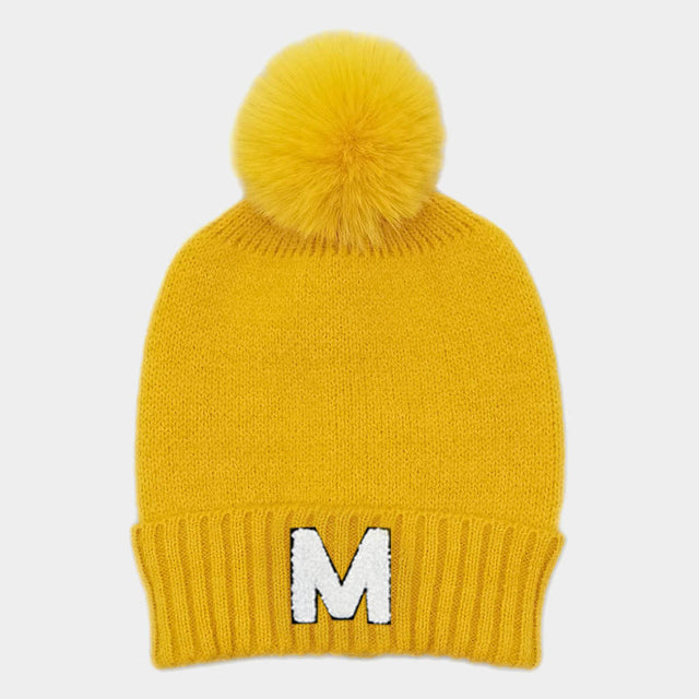 Mustard -M- Initial Monogram Faux Fur Pom Pom Knit Beanie Hat