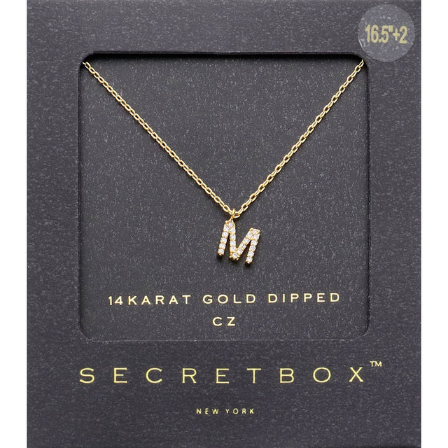 ~M~, Gold -M- Secret Box _ 14K Gold Dipped CZ Initial Monogram Pendant Necklace