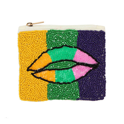 Mardi Gras Lips Seed Beaded Mini Pouch Bag, Be the ultimate fashionista while carrying this trendy seed-beaded coin purse on this Mardi Gras! Great to carry something small or drop it in your bag. Perfect for carrying makeup, money, credit cards, keys or coins, & many more things.