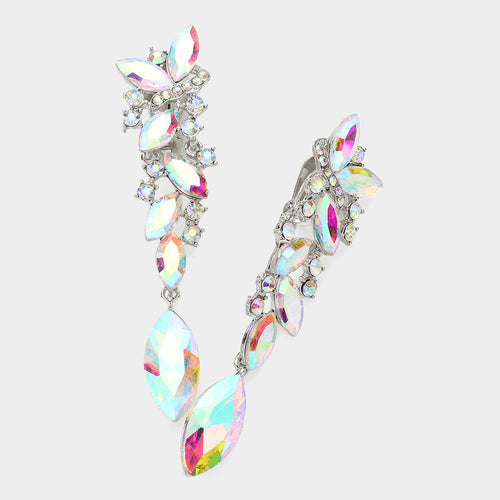 Marquise Crystal Drop Clip On Earrings - AB, Rhodium