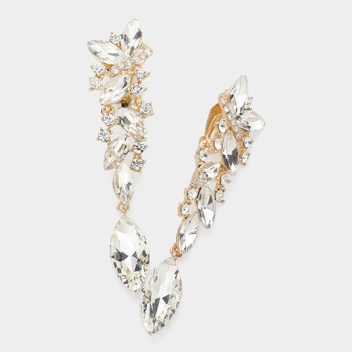Marquise Crystal Drop Clip On Earrings - Clear, Gold