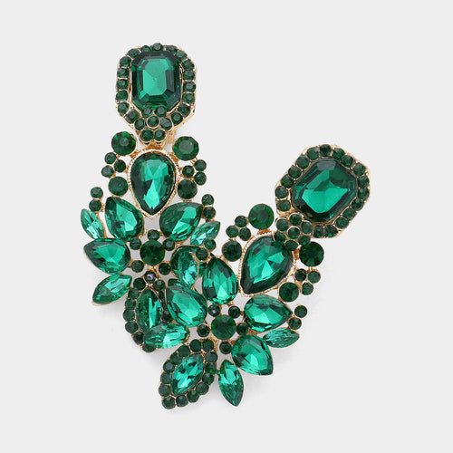 Women's Marquise Square Stone Pointed Evening Clip On Earrings - Emerald