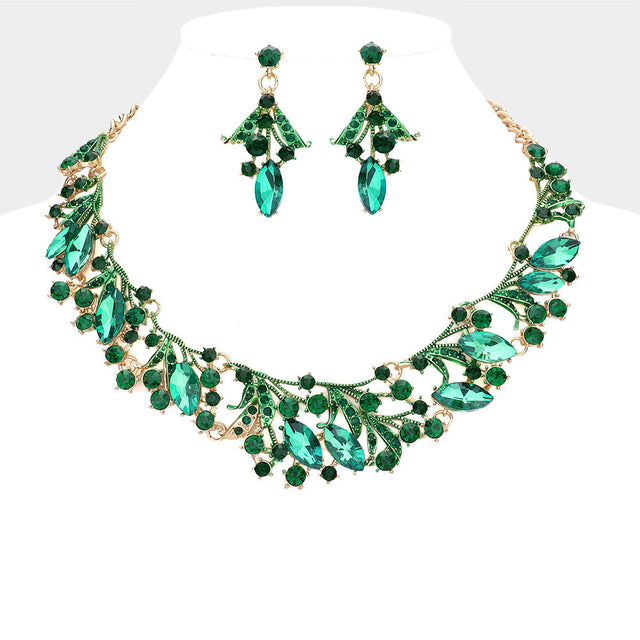 Gold, Green Marquise Stone Accented Leaf Evening Necklace