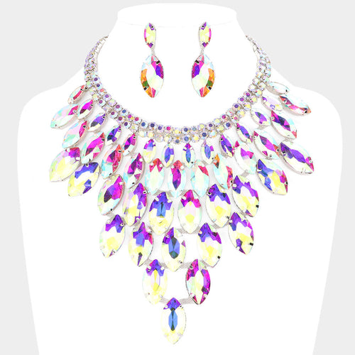 Collar de noche con racimo de piedras marquesa y enredadera - AB, Plata