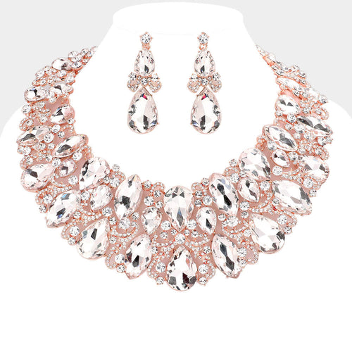 Marquise Teardrop Stone Accented Evening Necklace - Clear, Rose Gold