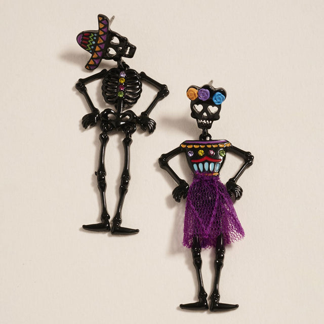 Black Mismatched Day of the Dead Halloween Skeleton Earrings