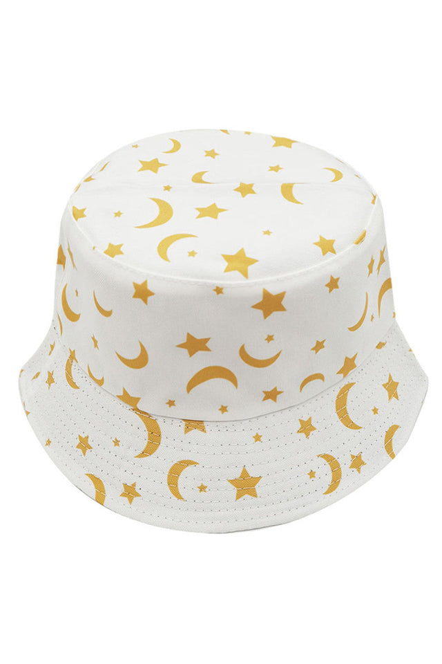 White MOON AND STAR PRINT BUCKET HAT features celestial imagery on premium fabric. The structured silhouette offers superior sun protection while the astronomical pattern delivers sophisticated visual interest. Engineered with reinforced stitching for durability and an adjustable fit, it's an essential accessory for the discerning customer seeking both functionality and distinctive style. 