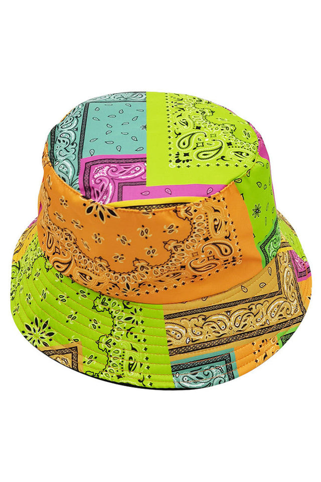 Green MULTI COLOR PAISLEY BUCKET HAT displays a complex multi-colour paisley pattern achieved through advanced printing techniques. The calibrated brim width provides calculated sun protection while maintaining visual proportion. Constructed with reinforced stitching at stress points, it ensures longevity through repeated wear. The specialized fabric composition balances breathability with structure, creating an accessory that performs exceptionally in both aesthetic presentation and practical application.