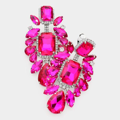 Multi Stone Embellished Evening Clip on Earrings - Fuchsia