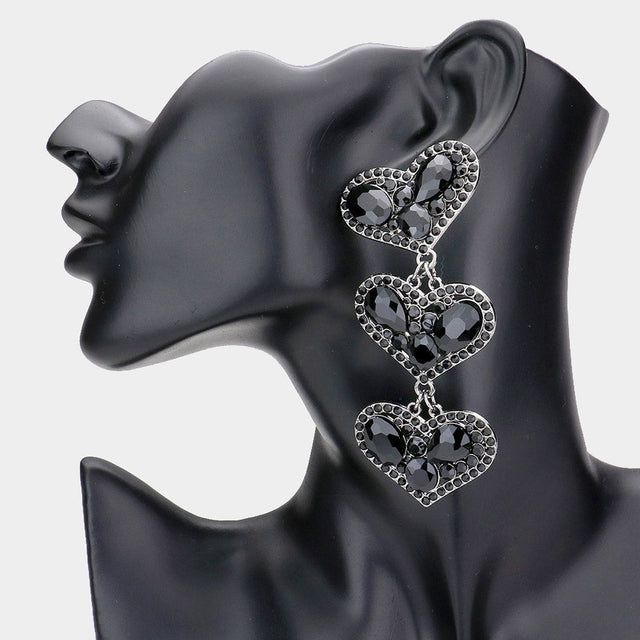 Multi Stone Embellished Triple Heart Dangle Evening Earrings - Jet Black - Earrings