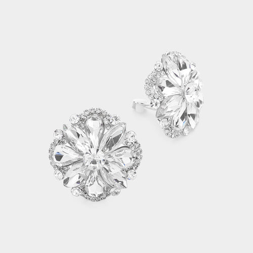 Multi Stone Floral Clip on Evening Earrings - Silver