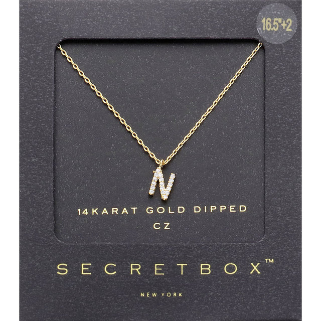 ~N~, Gold -N- Secret Box _ 14K Gold Dipped CZ Initial Monogram Pendant Necklace