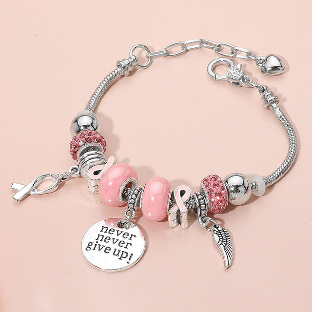 Pink Never Give Up Disc Wing Pink Ribbon Charm Multi Beaded Bracelet