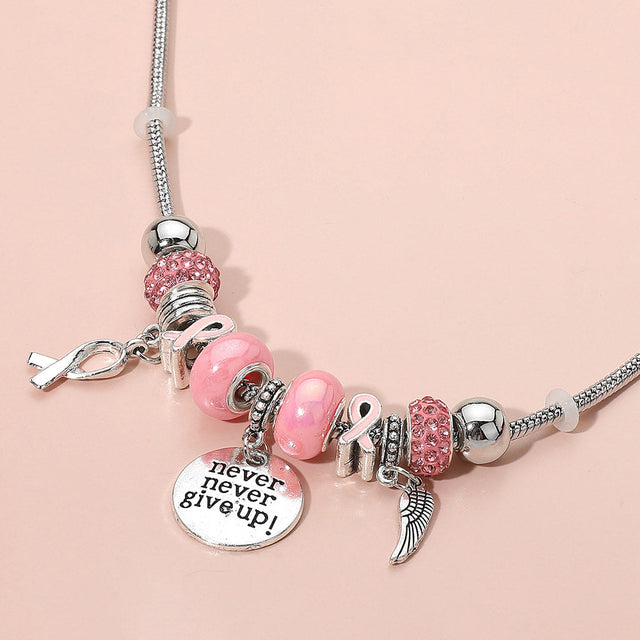 Pink Never Give Up Disc Wing Pink Ribbon Charm Multi Beaded Necklace