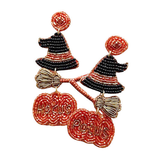 Be the life of the 'Hocus Pocus' party with these fabulously witchy earrings! The fun dangling design includes beaded witch hats, brooms, and pumpkins for extra pizazz and a hint of mischief. Show off a bit of Halloween spirit that will last long after the witching hour! Orange Hocus  Pocus Message Felt Back Beaded Witch Hat Broom Pumpkin Link Dangle Earrings
