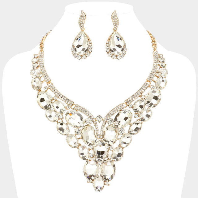 Clear, Gold Oval Glass Stone Cluster Embellished Evening Necklace
