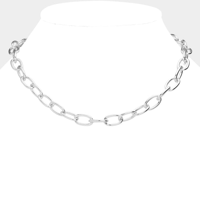 Rhodium Oval Metal Link Necklace