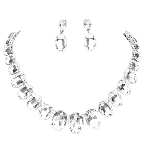Oval Stone Link Evening Necklace - Silver
