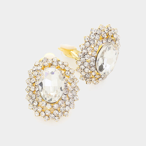 Oval Stone Pointed Evening Clip On Earrings - Gold