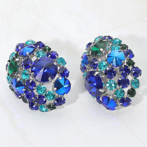 Women's Oversized Rhinestone Cluster Evening Clip On Earrings - Blue