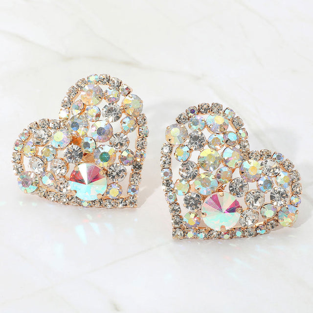 Gold Oversized Rhinestone Cluster Heart Evening Clip On Earrings