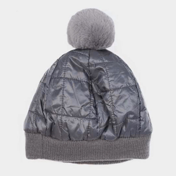 Gray Padded Puffer Beanie Hat