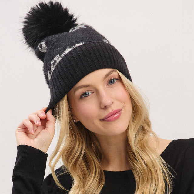 Black Paid Pattern Faux Fur Mixed Fleeced Pom Pom Winter Beanie Hat
