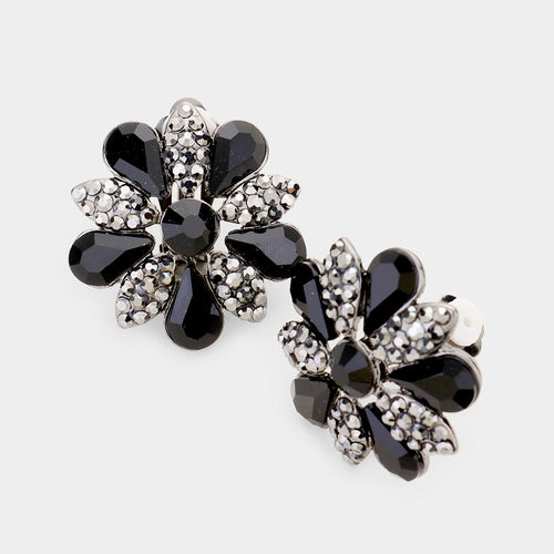 Pave Crystal Teardrop Floral Evening Clip On Earrings - Black, Jet Black