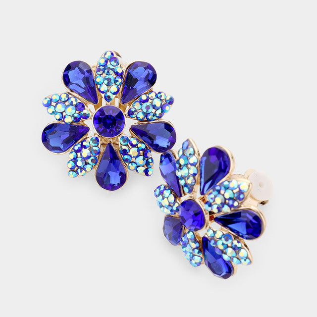 Gold, Royal Blue Pave Crystal Teardrop Floral Evening Clip On Earrings