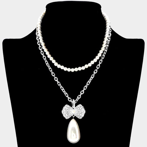 Collar con colgante de perla y cadena de perlas con capas de diamantes de imitación pavé - Rodio